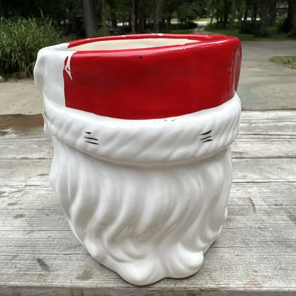 Vintage Ceramic Santa Head Planter Christmas Vase No Handle Holly 6 In